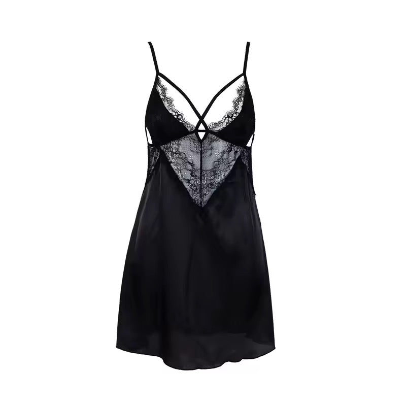 Pentiza - Black Lace Satin Nightdres - Black