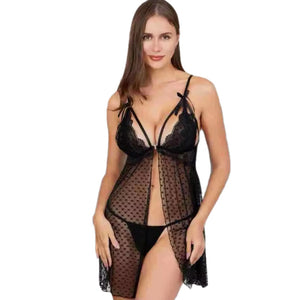 Pentiza - Black Sheer Lace Nightdress - Black