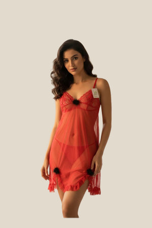 Pentiza – Crimsona Sheer Lace Babydoll Nightie - Red