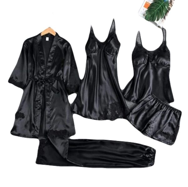 Women's Pajamas Set, 5 Pieces Silk Satin Thin Sexy Pajamas Tie Shirts Robes Short Night Skirts Homewear - Image 2