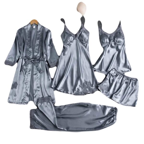Women's Pajamas Set, 5 Pieces Silk Satin Thin Sexy Pajamas Tie Shirts Robes Short Night Skirts Homewear - Image 3