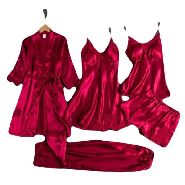 Women's Pajamas Set, 5 Pieces Silk Satin Thin Sexy Pajamas Tie Shirts Robes Short Night Skirts Homewear - Image 4