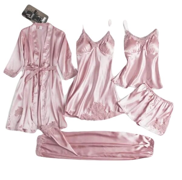Women's Pajamas Set, 5 Pieces Silk Satin Thin Sexy Pajamas Tie Shirts Robes Short Night Skirts Homewear - Image 5